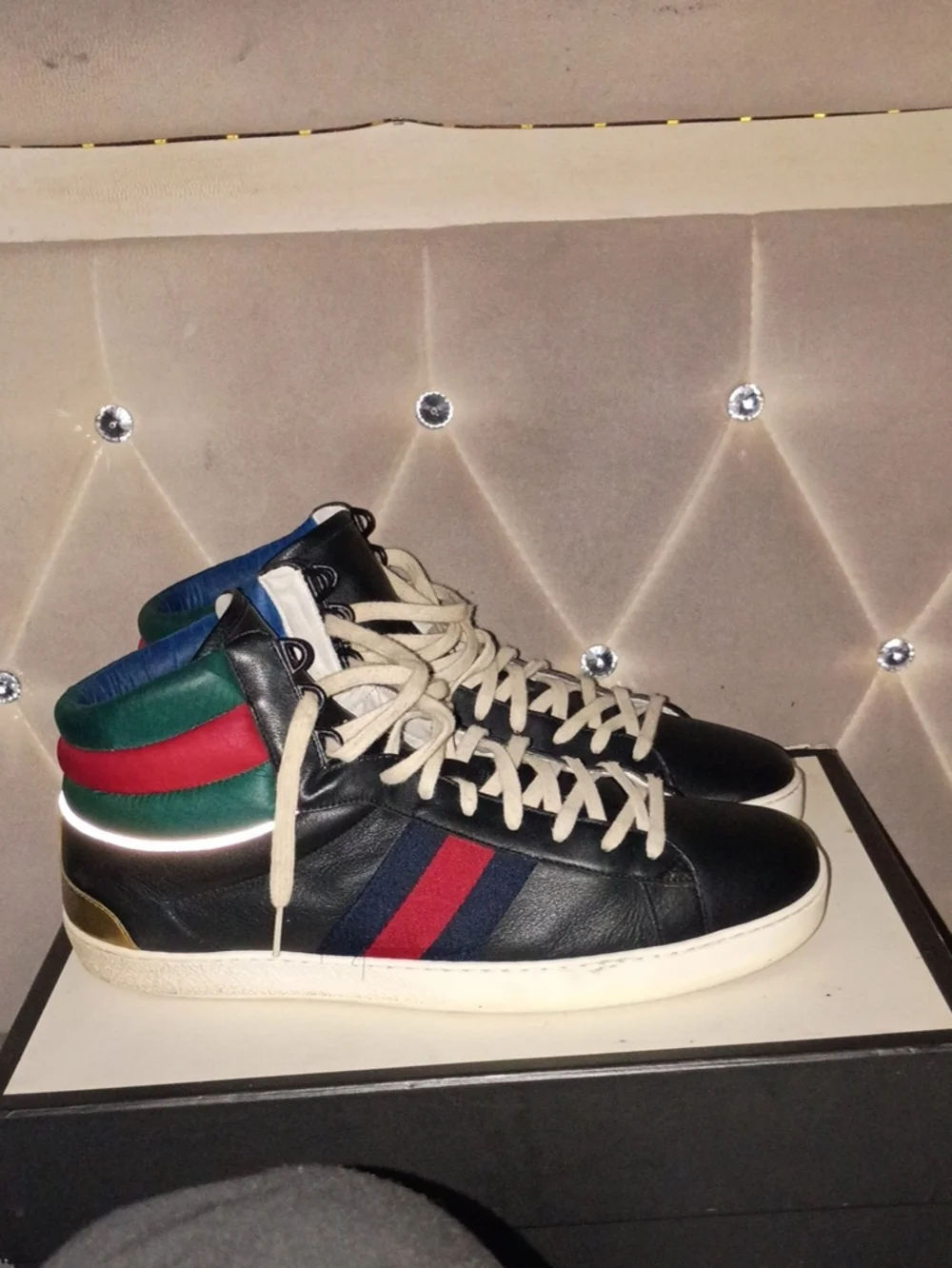 Gucci Black Leather High-Top Sneakers with Red & Green Stripe Trim